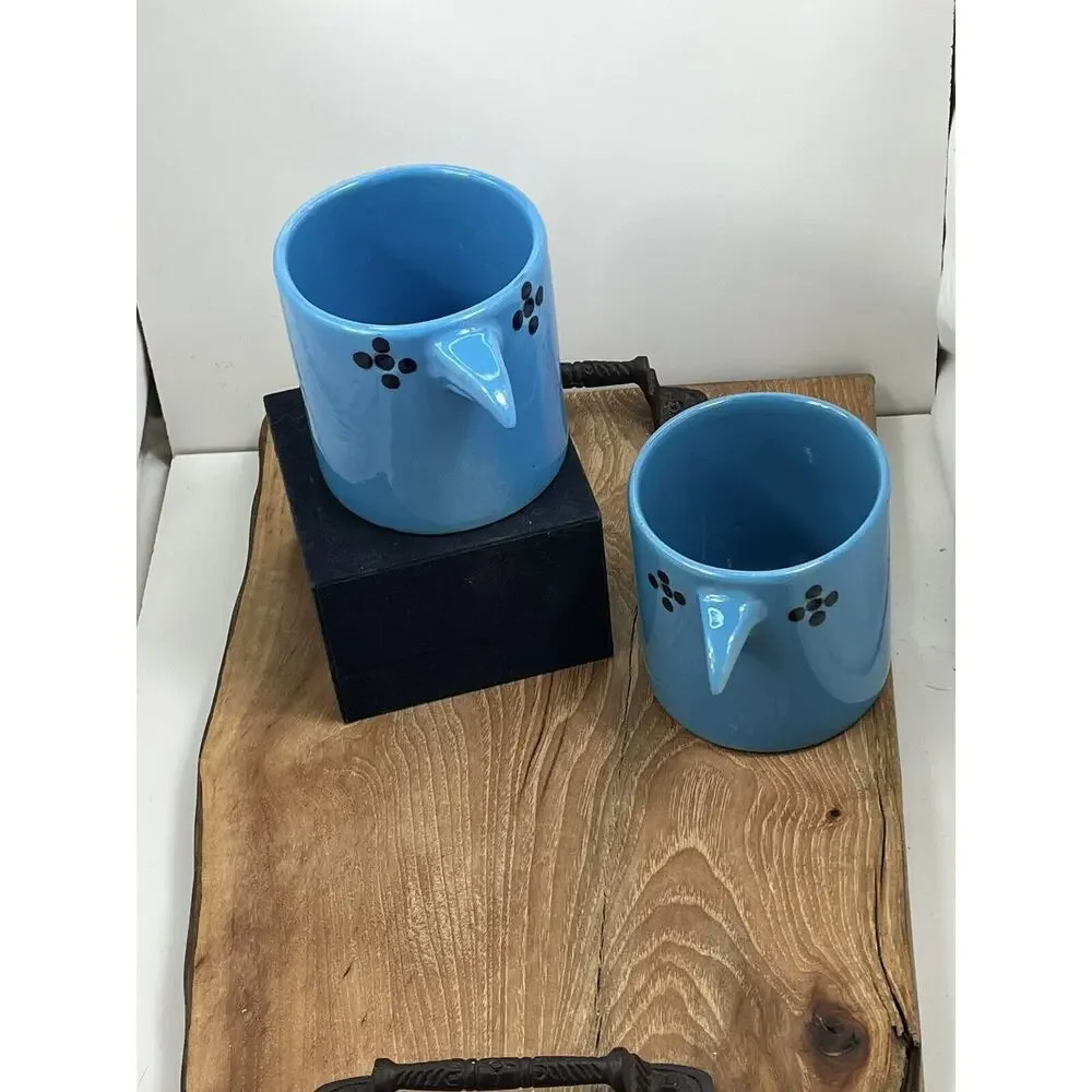 West Elm Guatemalan 2 Bird Cup Coffee Mugs Hand Painted 16 oz Blue ! ☕️🔥